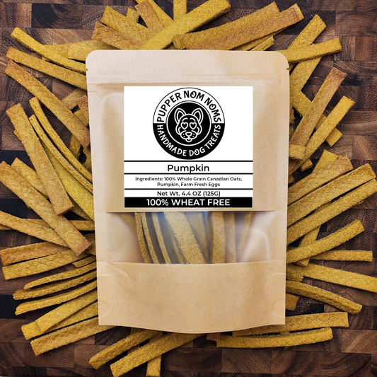 A bag of crunchy pumpkin dog treats – all-natural, easy to digest, and suitable for sensitive stomachs.