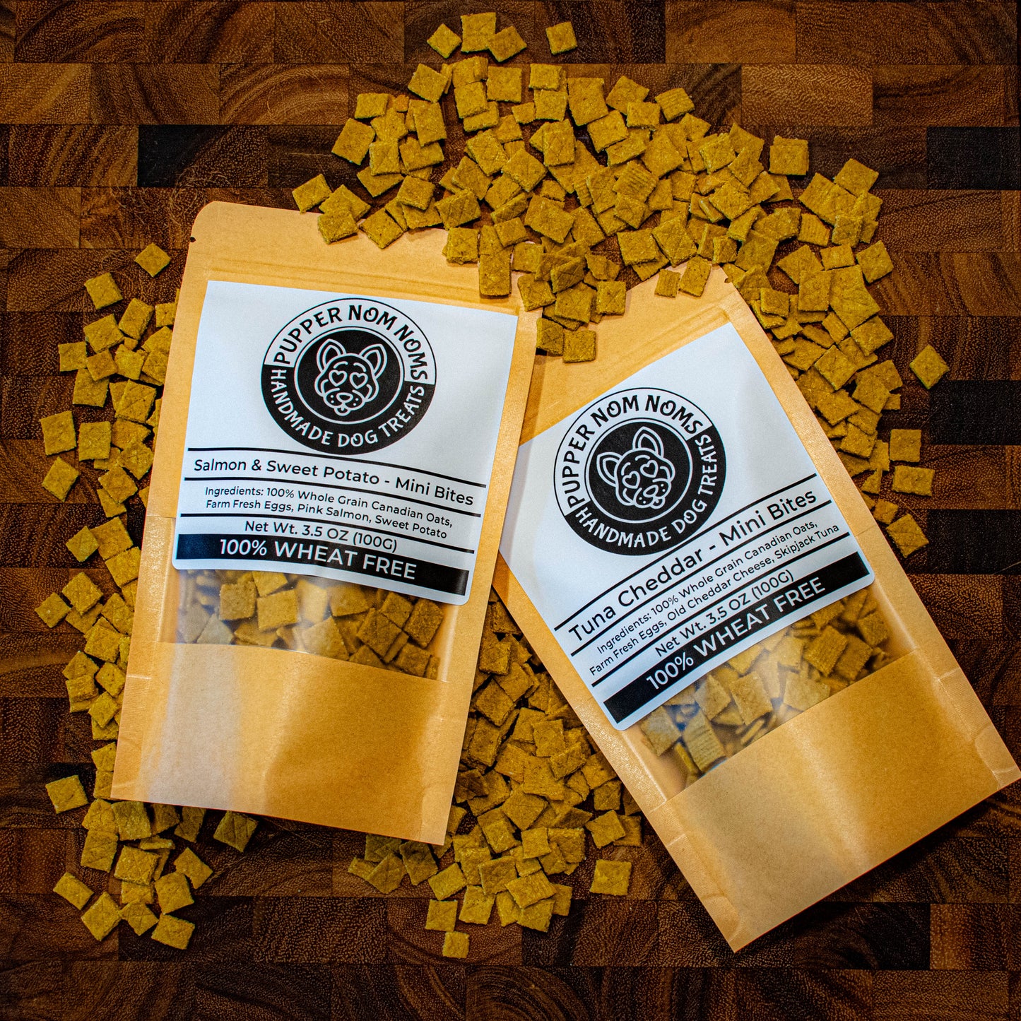 Mini Bites dog treats – bite-sized, wheat-free, made with salmon and sweet potato, perfect for training and small pets.